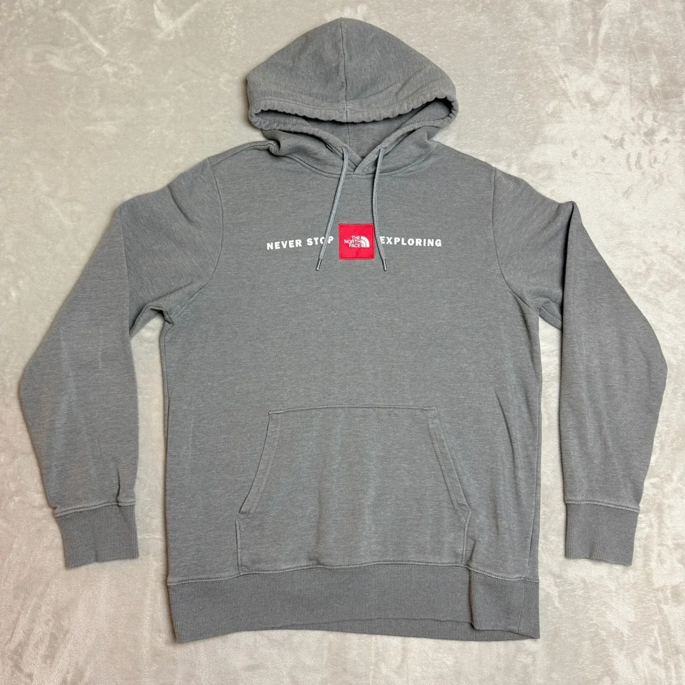 The North Face Never Stop Exploring Hoodie Mens Large Gray Red Box Logo Gorpcore